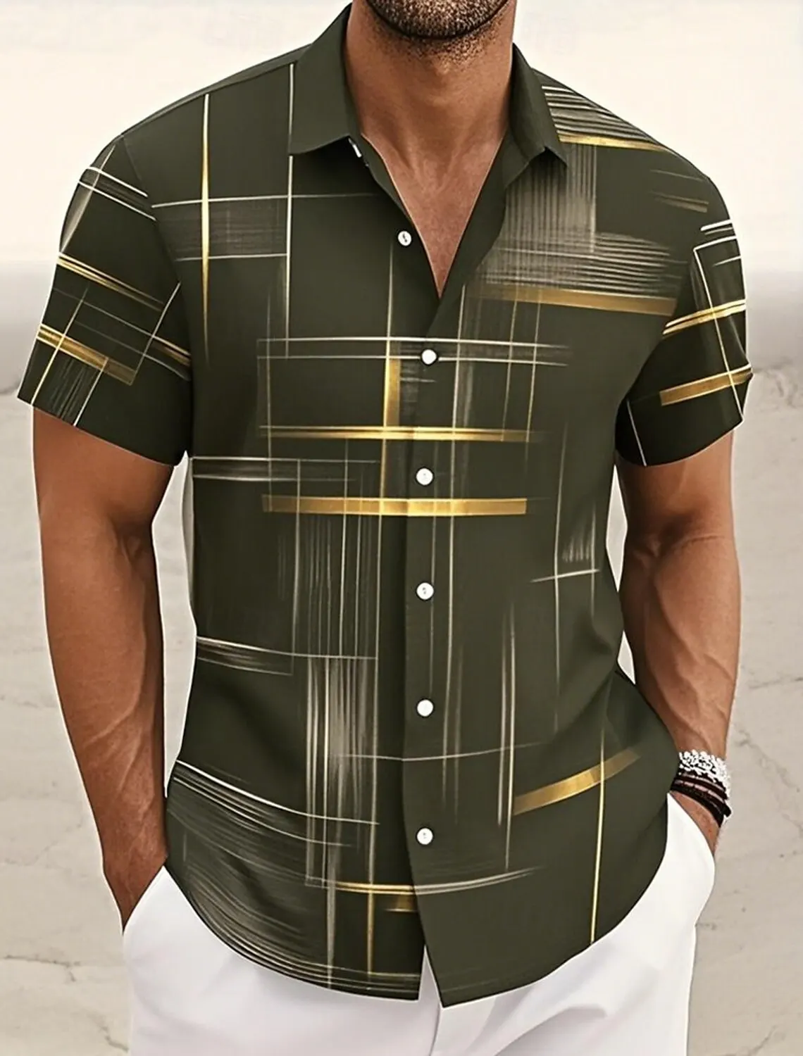 

Summer Men's Geometric Grid Plaid Shirts Short SleeveTurndown Hawaiian Shirt Button Up Shirts No Pockets Shirts