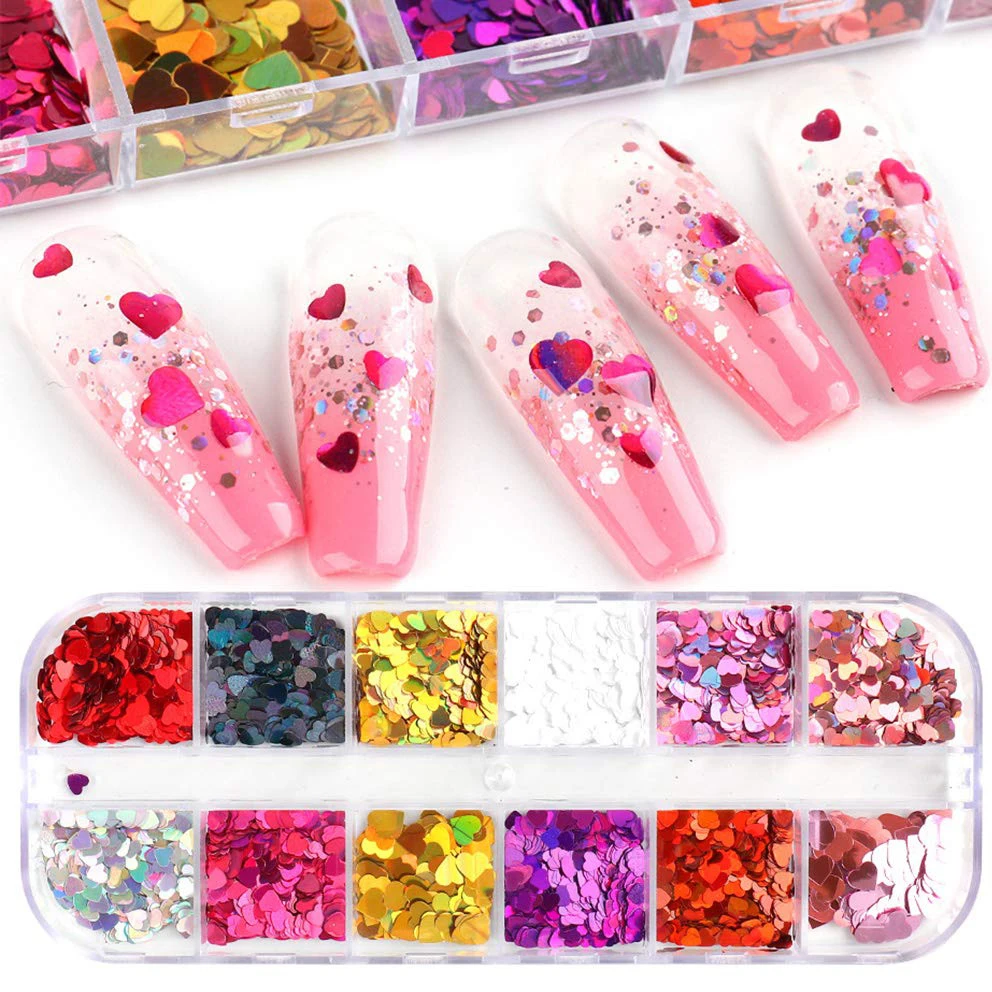12 فتيار/صندوق المجسم الحلو الحب القلب مسمار الفن السحر بريق قزحي الألوان الليزر الترتر DIY بها بنفسك الأظافر الزينة اكسسوارات