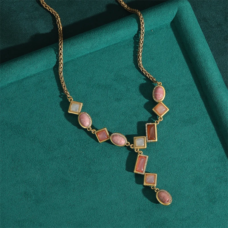 Vintagel Patterned Y-shaped Pendant Pink Necklace Square Rectangular Geometric Cat Eye Opal Stone Women's Accessory Jewelry Bulk