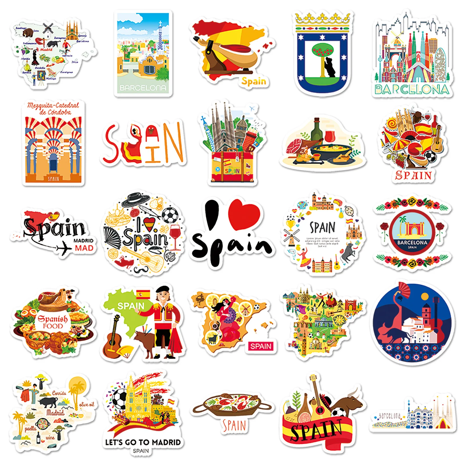 10/30/50PCS Spain Scenic Spot Stickers Travel Cartoon Graffiti Sticker Luggage Laptop Phone Guitar Car Bike Skateboard Decals