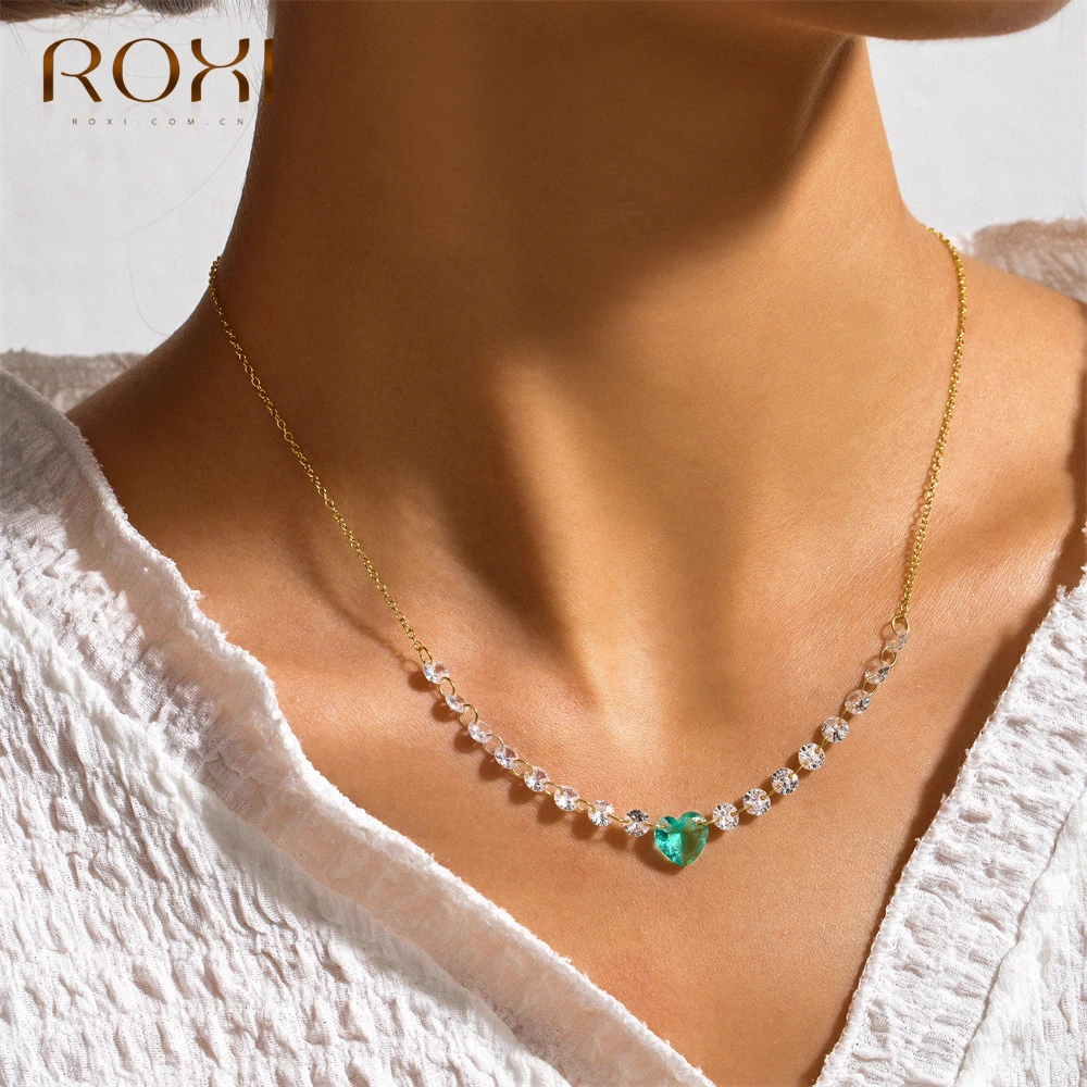 ROXI 925 Steriling Silver Ocean Blue Heart Crystal Pendant Necklace for Women Clavicle Chain Jewelry Birthday Valentine gift