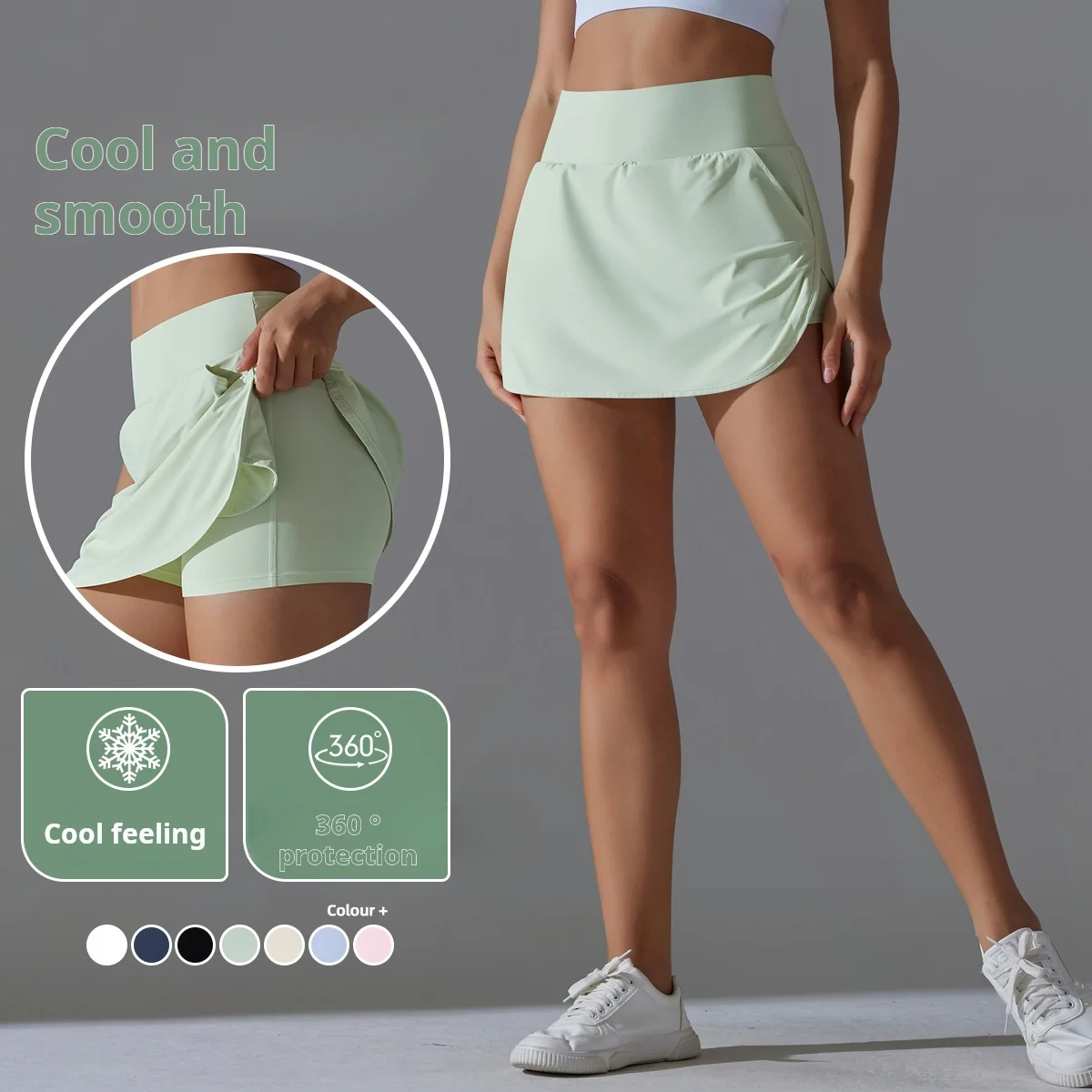 Cool sunscreen tennis dress spring summer new high waist fake two culottes women back waist pocket sports yoga dress