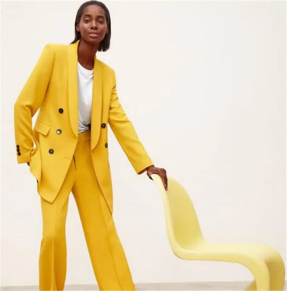 Yellow Fashion Pant Suits For Women Double Breasted Coat +  Pants Office Ladies Casual Long Sleeves Blazer Straight Leg Trousers