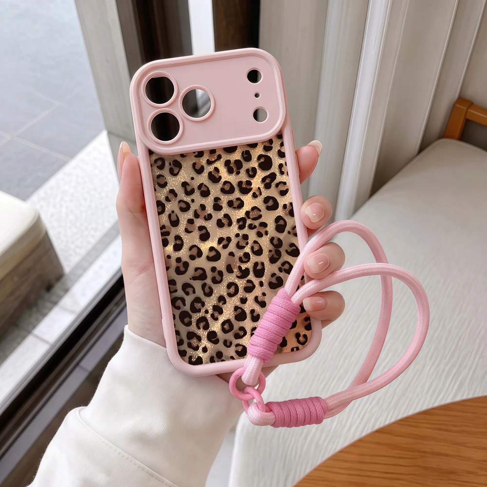 Glitzernde Leopardenmuster-Handyhülle mit Lanyard für iPhone 13 14 15 16 17 Pro Max 16 15 14 Pro Plus 17E Stoßfeste Matte Silikonhülle – Detail 8