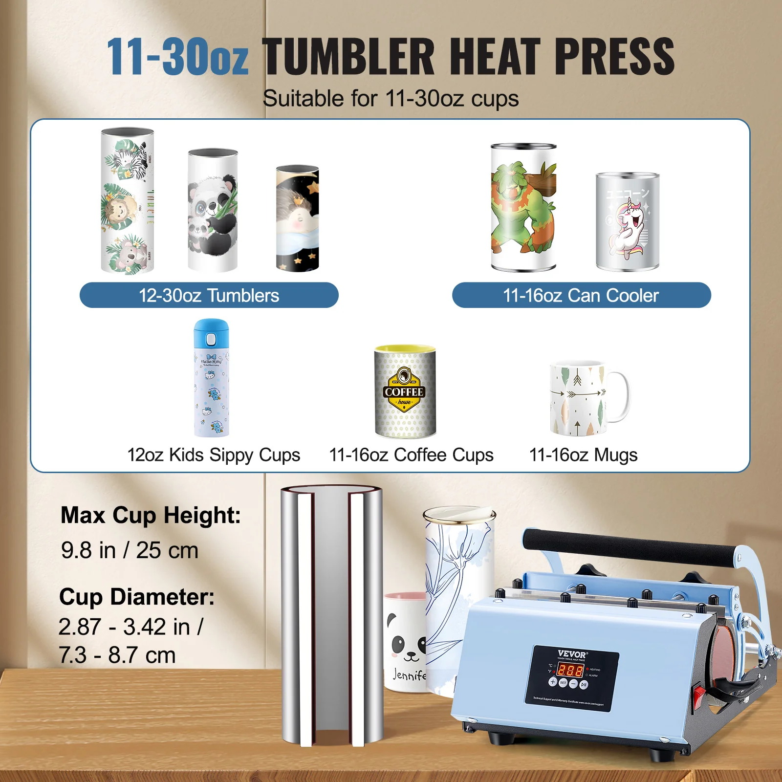 VEVOR Tumbler Heat Press Machine 11-30oz Mug Press Tumbler Press withTemp and Time Setting, for Sublimation Tumblers Cups, Mugs