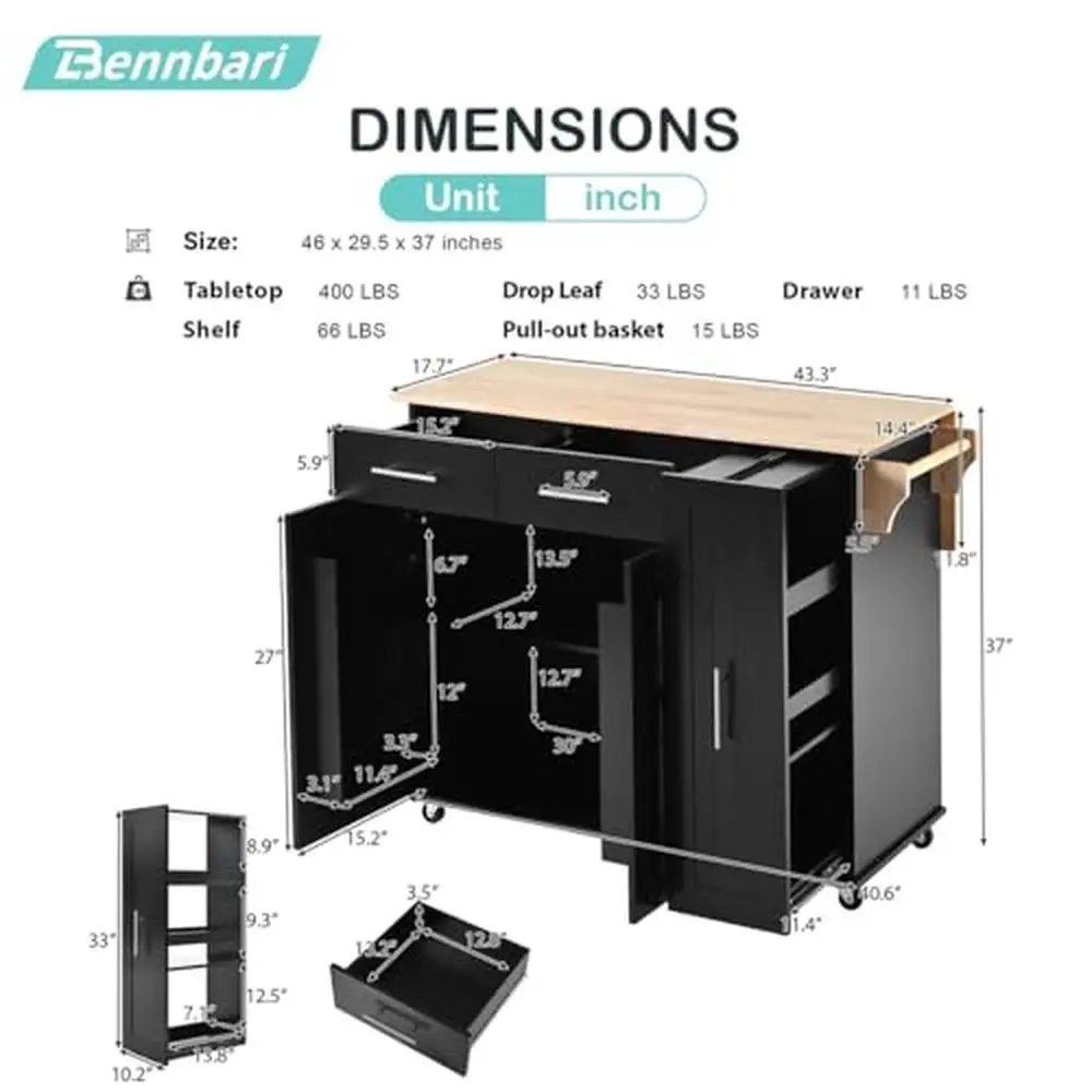 3-Tier Kitchen Island Cart with Adjustable Shelves and Drop Leaf Portable Storage Trolley Black