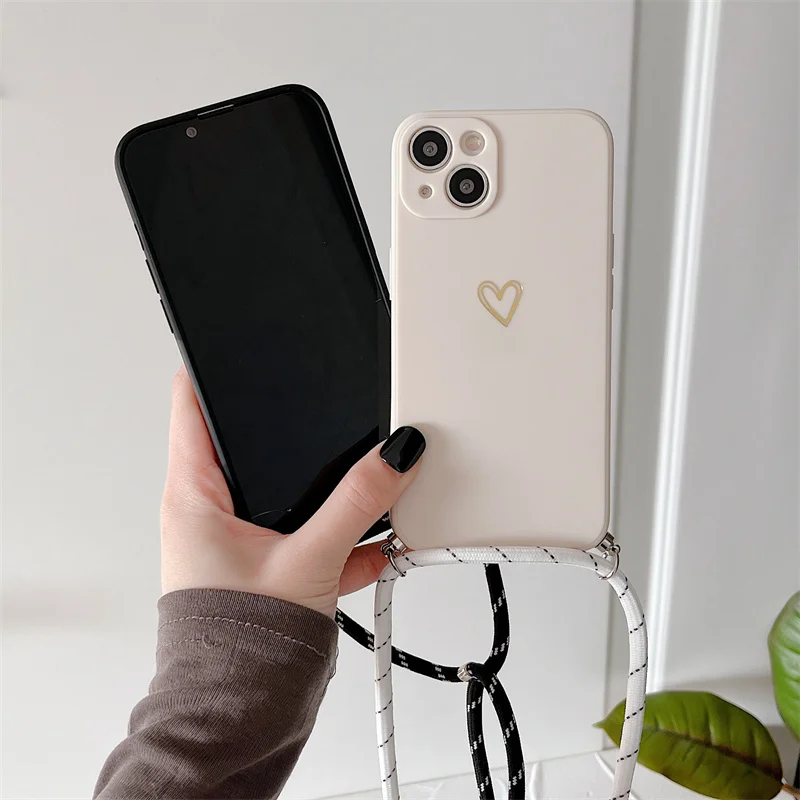 

Crossbody Lanyard Silicone Phone Case For iPhone 15 14 11 12 13 Pro Max Mini 8 7 6 Plus 10 X Xr Xs Max SE 2020 Love Heart Cover