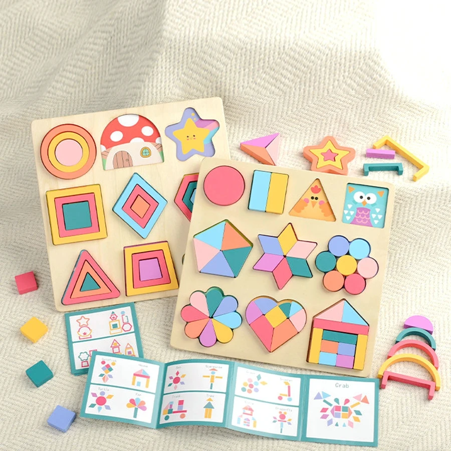 Drewniana zabawka edukacyjna 3D do dopasowywania kształtów geometrycznych, Montessori, kolorowa, DIY, układanka, rozwijająca inteligencję logiczną, gra graficzna na przyjęcia dla dzieci.