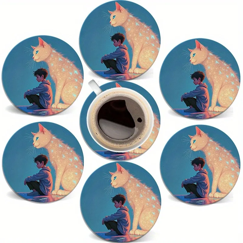 6-Piece Set of Recycled Wooden Coasters with Anime Boy and Cat Designs - Japanese Manga Style Heat-Resistant Round Table Protectors, 4inch Cup Holders for Coffee, Tea, Beer - Housewarming, Father's Day, Graduation Gifts (Hand Wash Only) - Blue and White Minimalist Home Decor, Suitable for Home, Office, Bar - Ideal Choice: Anime Fans, Home Decor, Graphic Art, Crafts, Drink Mats, Etc
