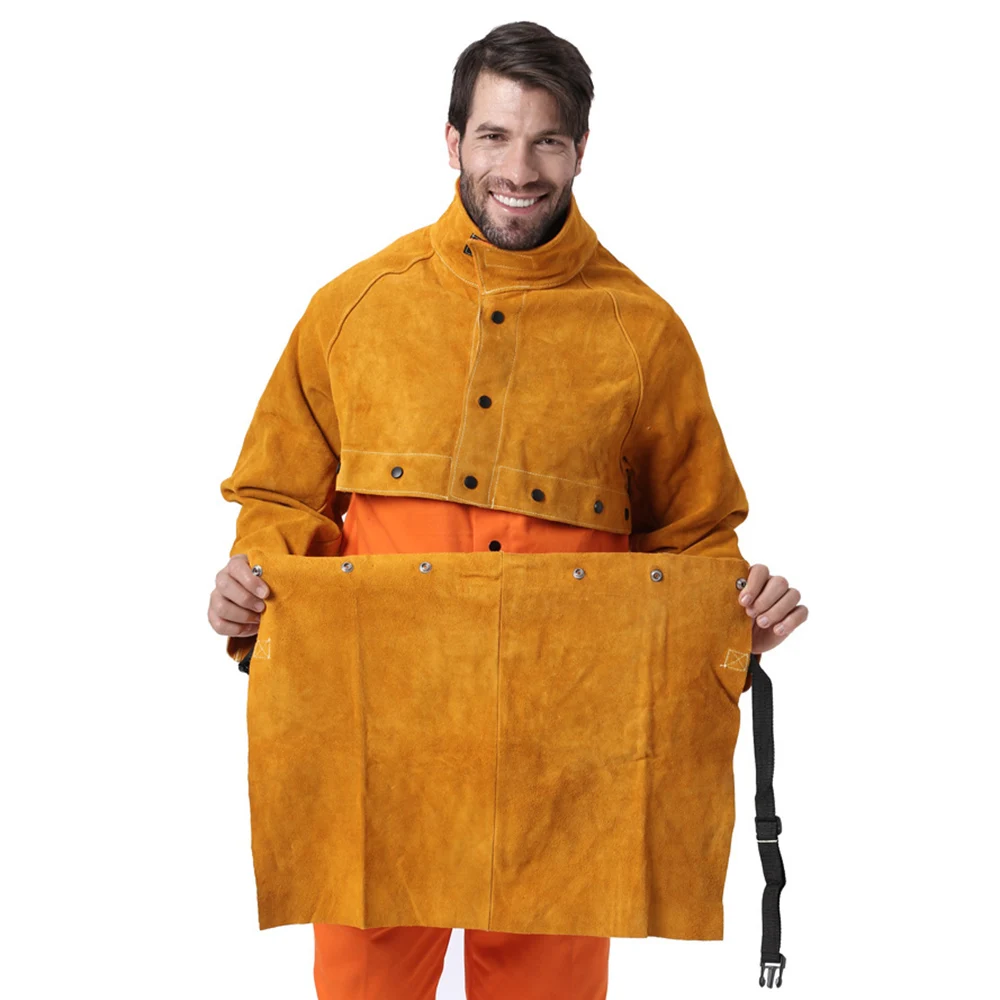 Professional Welding Cape Sleeves Bib Apron CE Cowhide Leather Garden Clothing Welder Protective Clothes