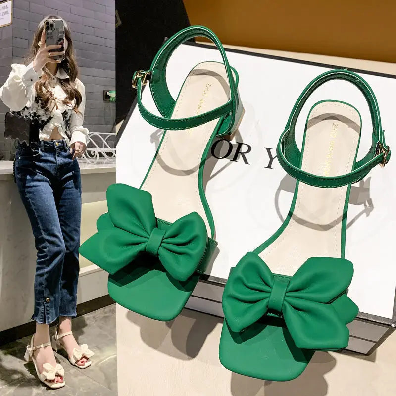 Sandals Women 2024 Summer New Fashion Square Head Bow French Buckle Belt Thick Heel Shoes Lady Sexy Work High Heels Beige Green