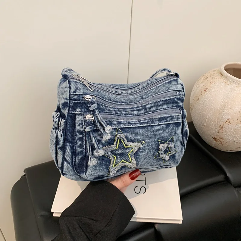 

Denim retro shoulder bag 2026 new trendy women's backpack large capacity versatile light messenger bag