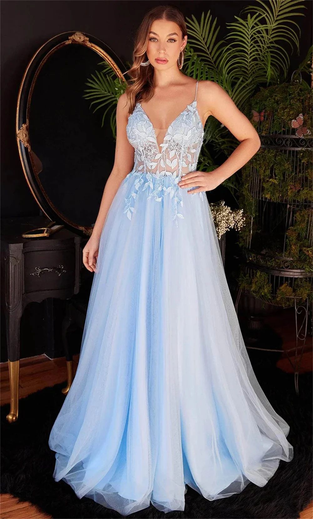 Annie Sky Blue Prom Dresses Lace Embroidery Evening Dresses Spaghetti Strap Glitter Tulle Wedding Party Dress Robes De Soirée