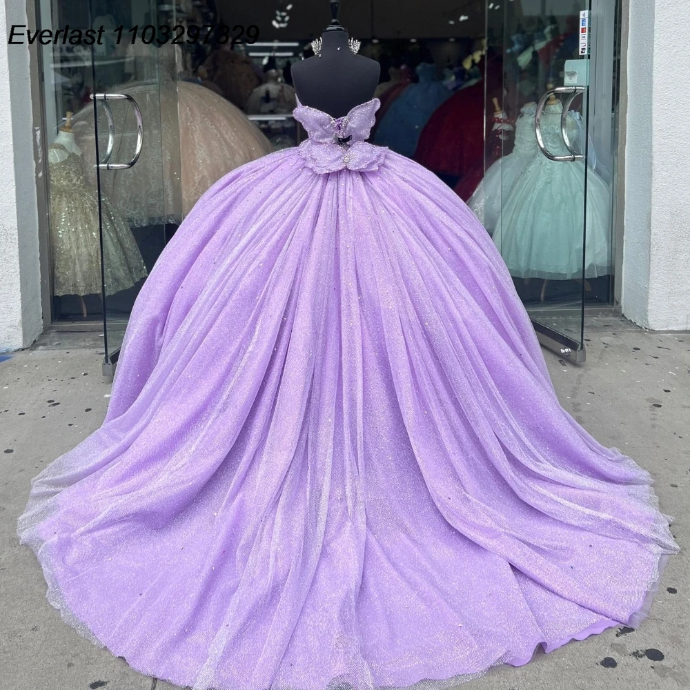 EVLAST Maßgeschneidertes lavendelfarbenes lila Quinceanera-Kleid, Ballkleid, Pailletten, Applikation, Perlenstickerei, Schleife, Sweet 16, Vestido De 15 Anos QD1069