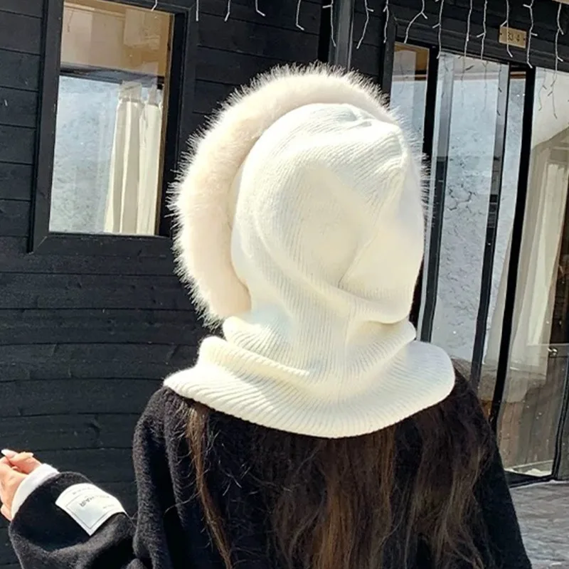 Winter Drawstring Imitation Mink fur collar Knitted Pullover Hat Outdoor Cycling Warm Neck Guard Integrated Women Balaclava Hat