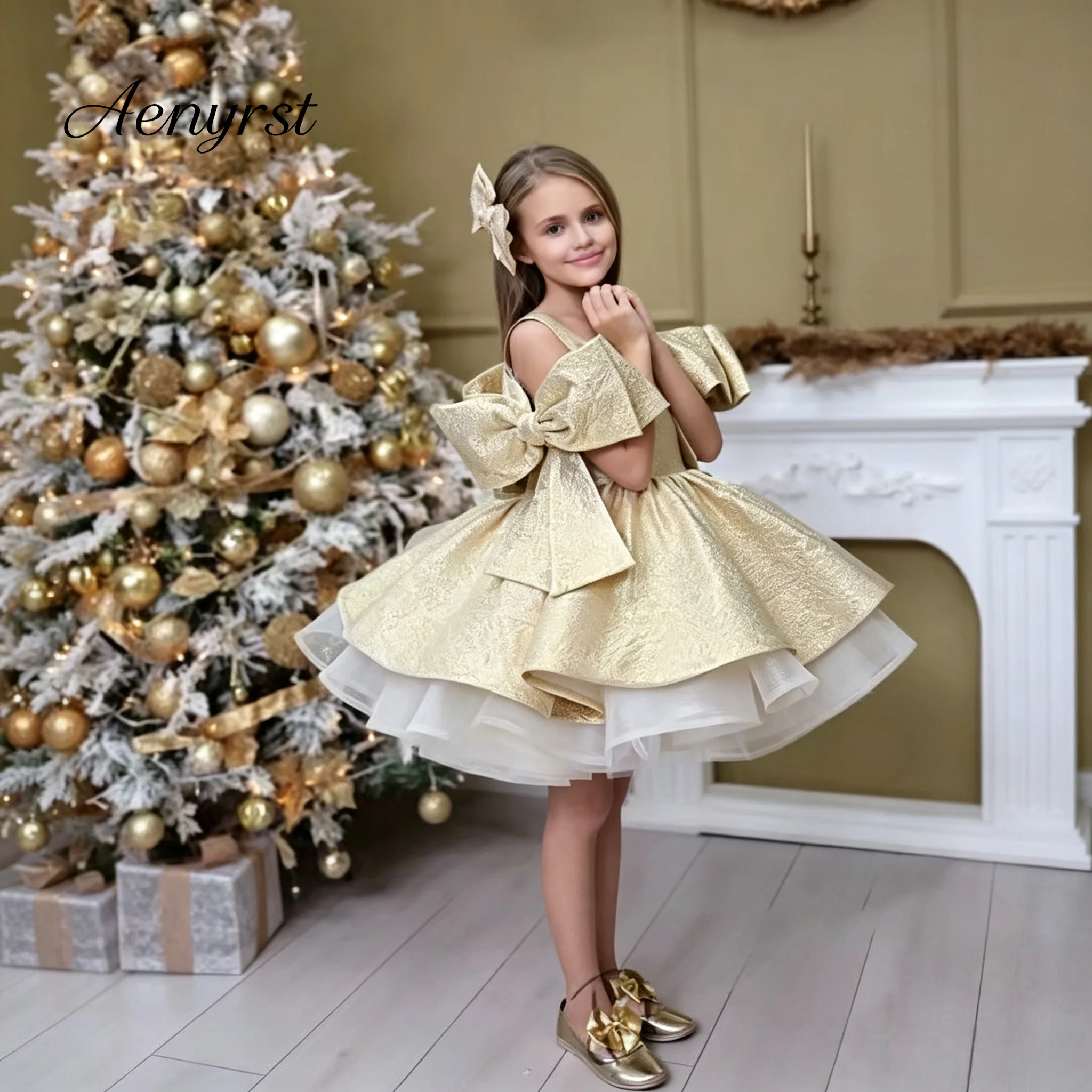 Elegant Gold Girls Pageant Formal Gown Spaghetti Strap 3D Large Bow Shoulder Decor Metallic Jacquard Short Tulle Party Dress
