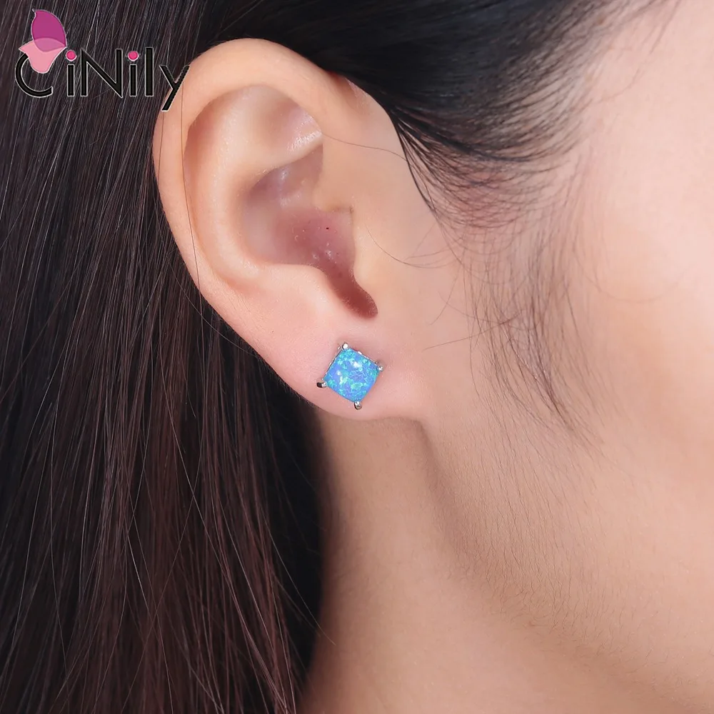 CiNily-pendientes de plata de ley 925 con forma cuadrada para mujer y niña, joyería de ópalo de Fuego Azul, SE018