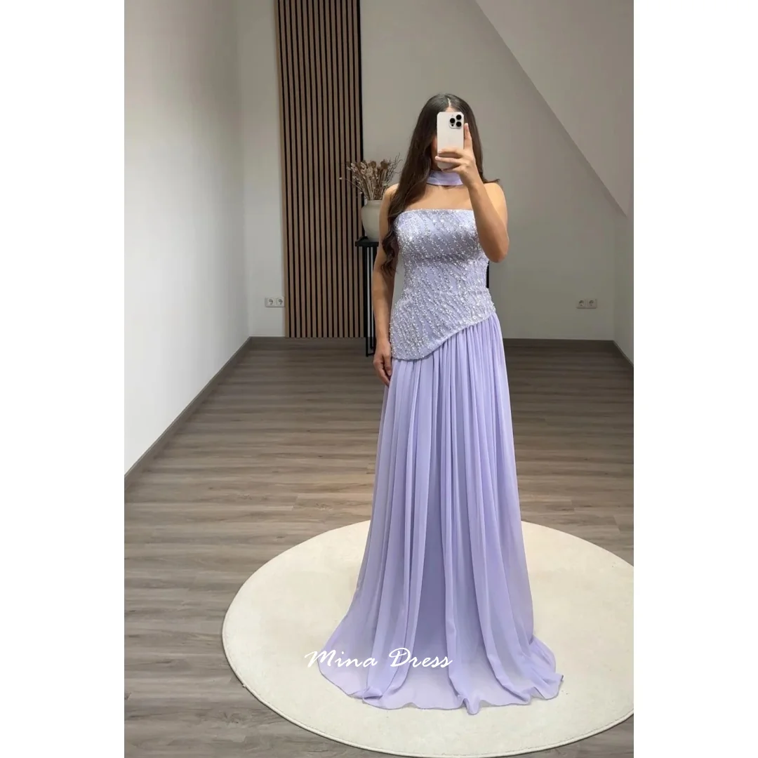 Mina Maßgeschneidertes lila arabisches Abendkleid Luxus elegante Partykleider Frau Schal Tube Top formelle Anlässe Kleider Perlen Abschlussball
