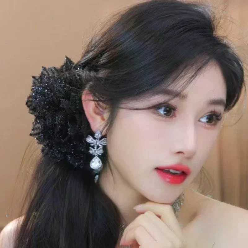 موضة شبكة سوداء زهرة مشبك شعر المرأة القرش ذيل حصان كليب غطاء الرأس مزاجه زهرة مشبك شعر أغطية الرأس إكسسوارات الشعر #2