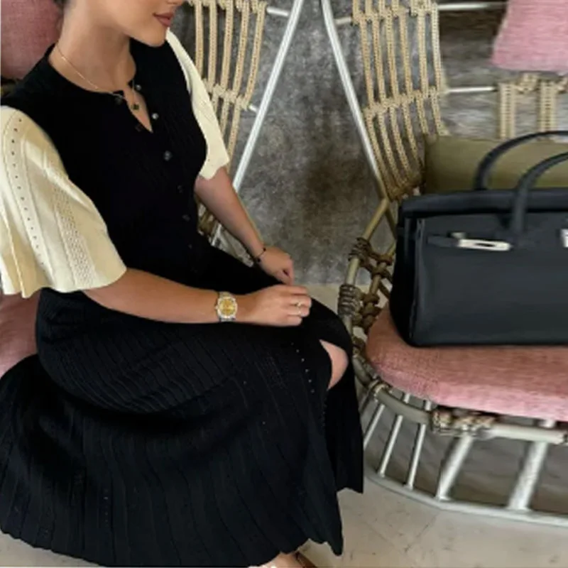 

MaSande Summer New Knitted Dress round Neck Slit Short Sleeve Hollow out Slimming Fish A-Line Skirt High Waist Business Casual