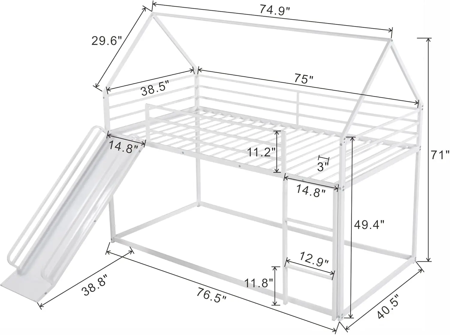 Beliche de metal com slide e trilho de segurança, Twin Over, cama para crianças, adolescentes e adultos, sem necessidade de mola box, branco