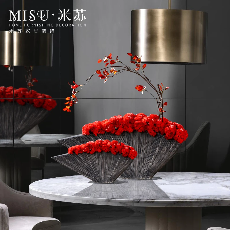 New Chinese retro vase set simulated flower succulent bonsai decorative fan-shaped resin ornament overall floral soft decoration