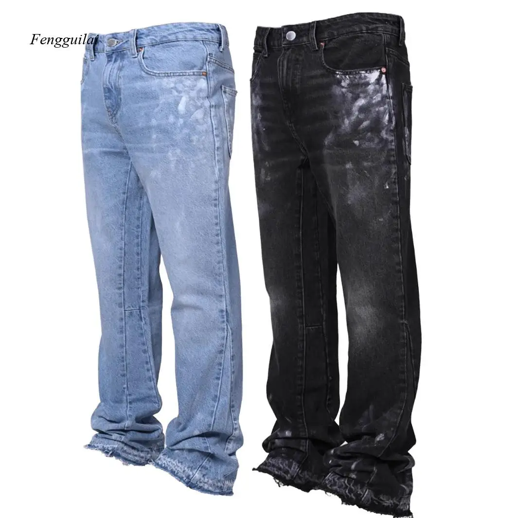 

Men's High Street Flared Jeans, Distressed Bleached Washed Denim Pants with Frayed Hem, Streetwear Bootcut Trousers
