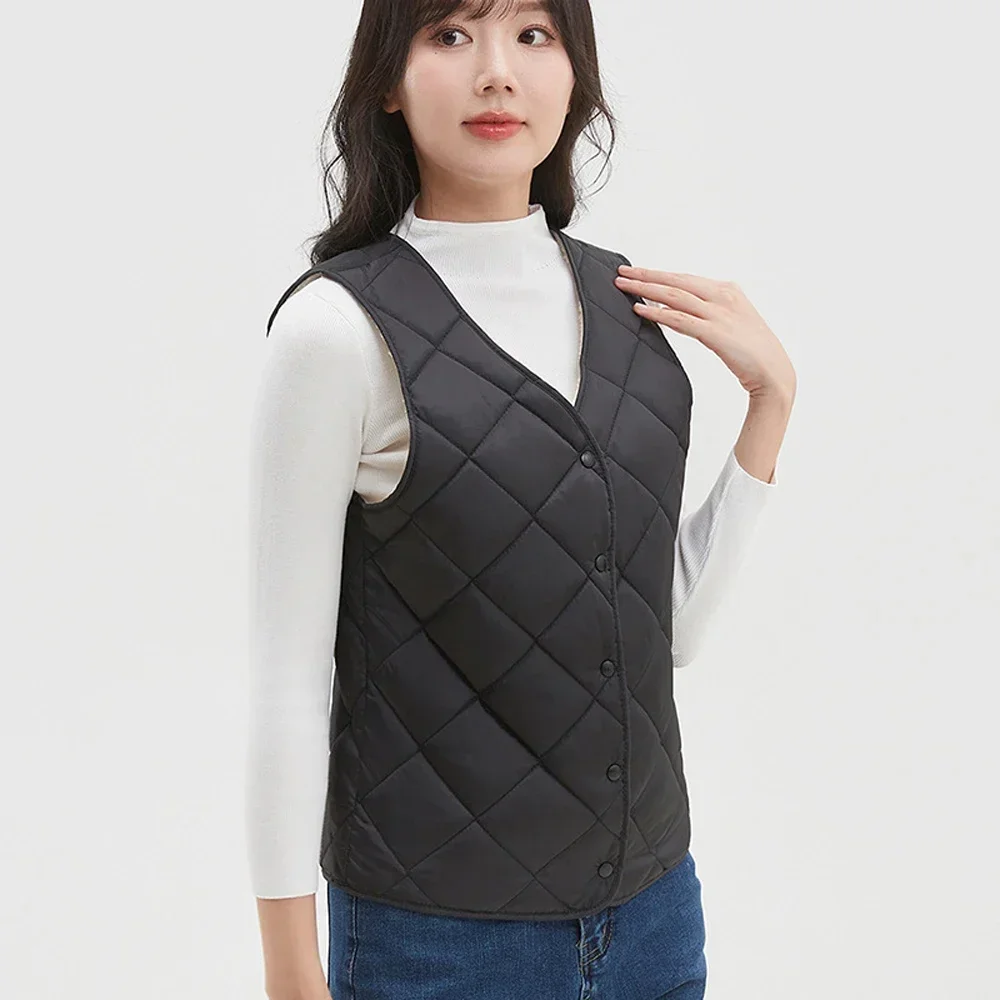 Autumn Winter New Women\'s Ultra-thin Cotton Vest Sleeveless V-neck Warm Padded Fleece Quilted Vest Diamond Pattern Coat M-4XL