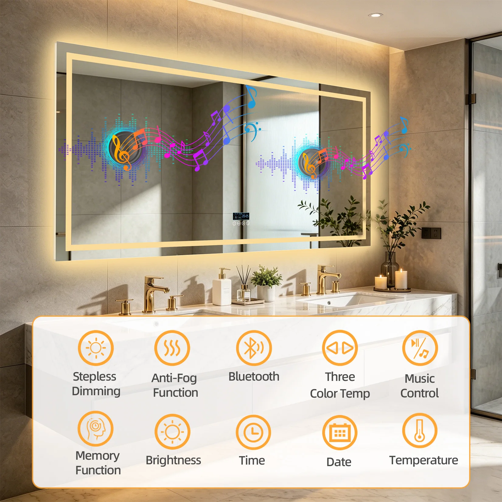 LED Bathroom Mirror with Bluetooth Speaker, Large Dimmable Wall Mirrors with Anti-Fog, Memory, 3 Colors, Shatter-Proof, Wall-Mounted LED Vanity Mirror(Horizontal/Vertical)