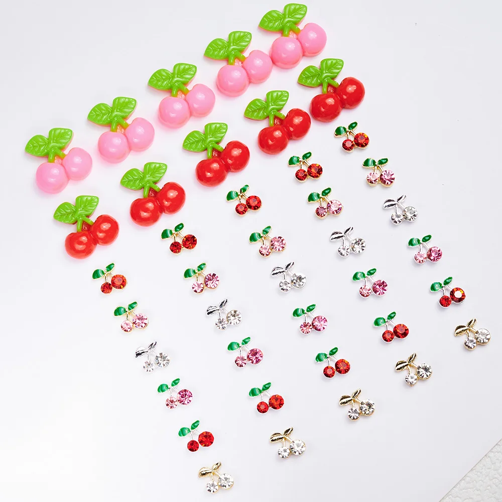 Mini Cherry Nails Charms 3D Shiny Rhinestones Red Pink Cherry Nail Decoration Gold/Silver Alloy Resin Luxury Cherry Nail Jewelry
