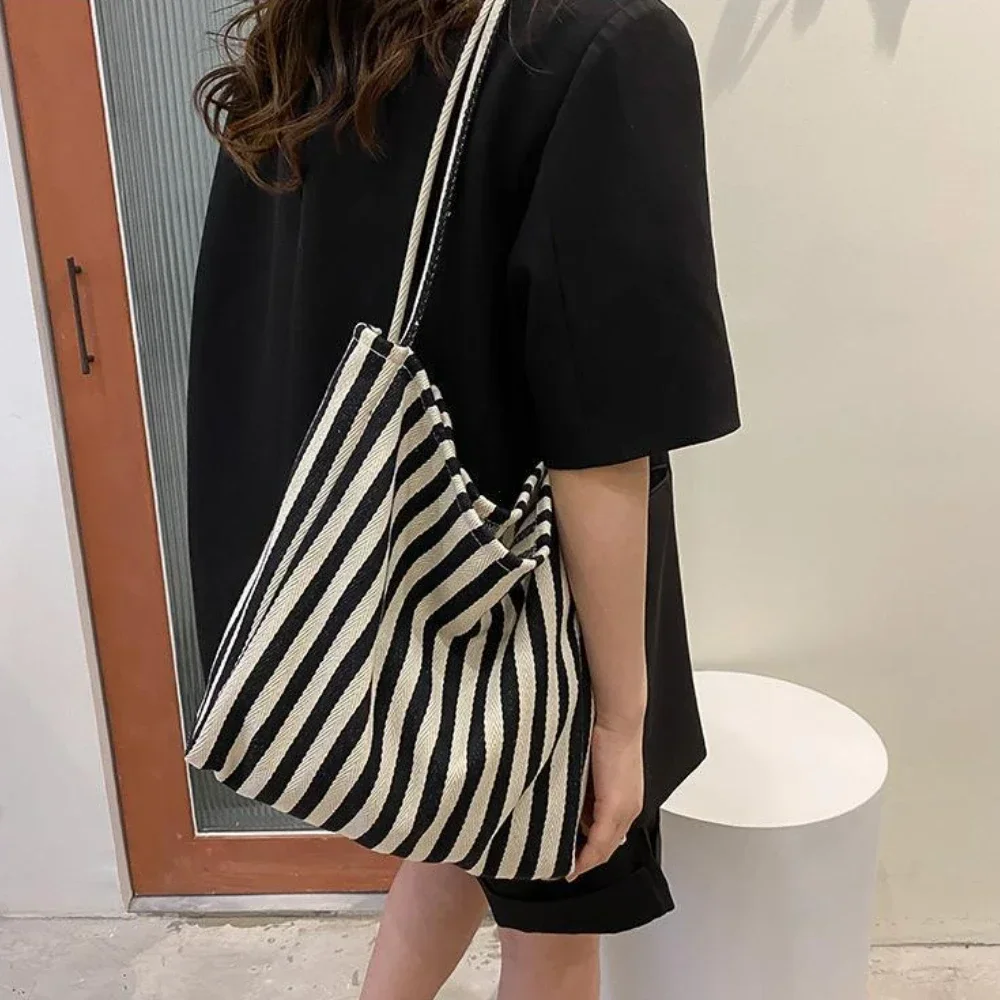 

Striped Shopper Tote Large Top Handle Canvas Minimalist Casual Multi Storage Travel Shopping Women Shoulder Bag