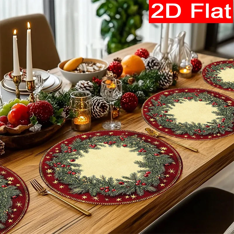 Round Christmas Placemats Pine Wreath Berry Linen Mats Non-Slip Wipe Clean for Farmhouse Festive Xmas Table Decor