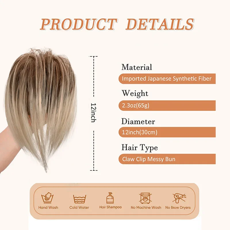 Moño desordenado para mujer, pieza de cabello con Clip de garra en bollos, pieza de cabello para mujer, extensión de cola de caballo corta recta