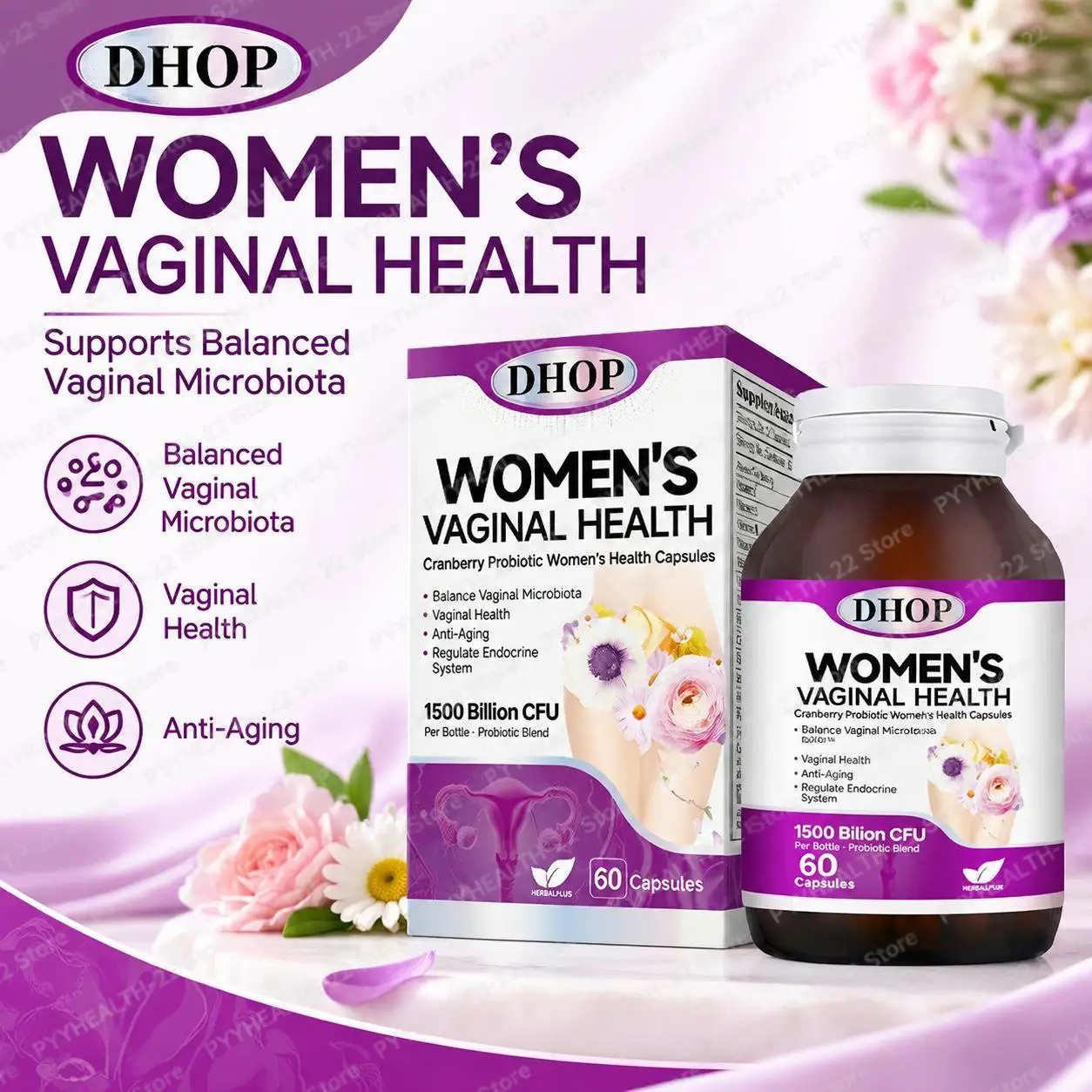 Women's Vaginal Health Capsules, Cranberry Probiotic Blend 1500 Billion CFU, Supports Balanced Feminine Microbiota, 60 Capsules