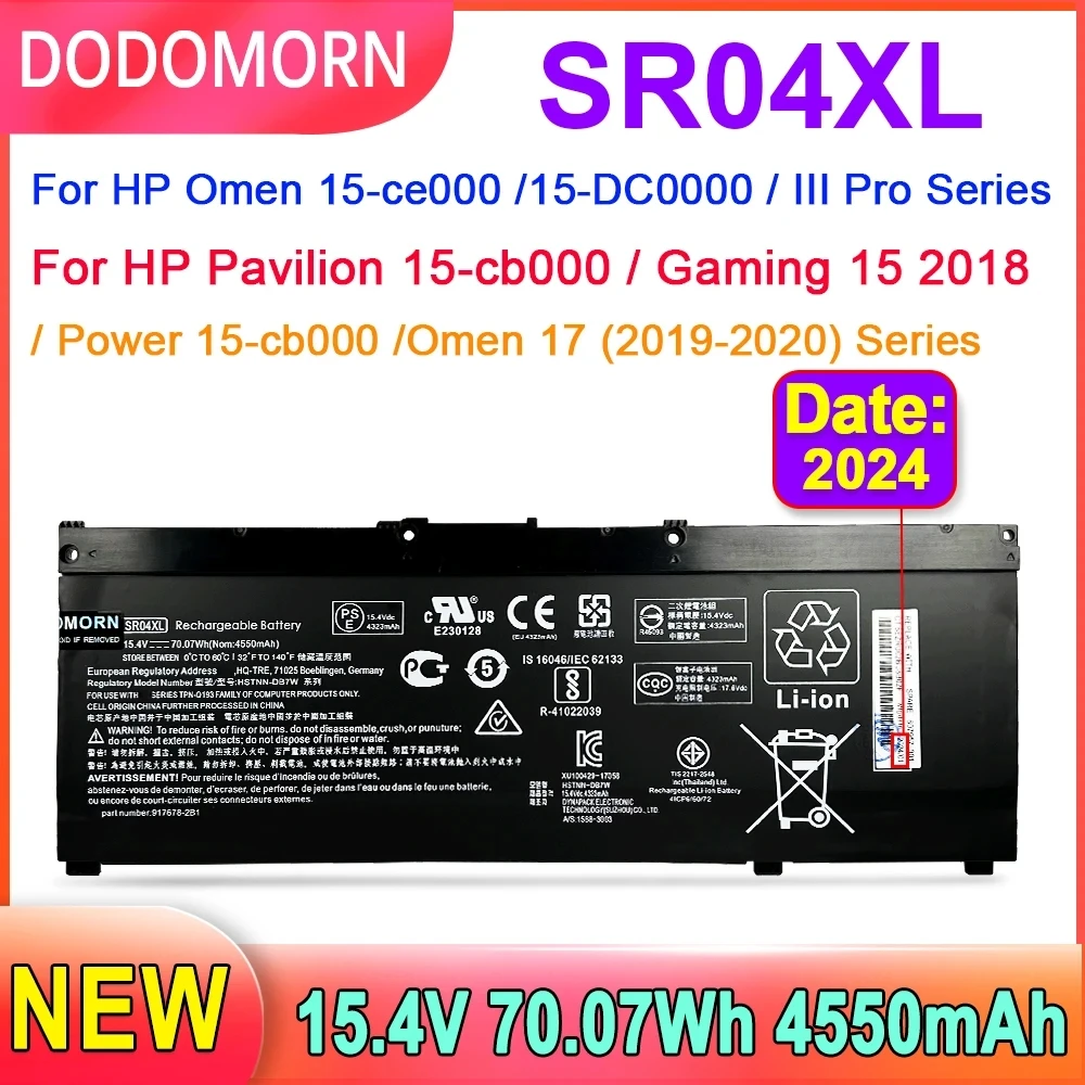 DODODOMORN-Bateria do portátil para HP Omen, SR04XL, 15-ce000, 15-DC0000, Pavilion 15-cb000, Pavilion Gaming 15, 2018, 4550mAh, 770 WH, Notebook