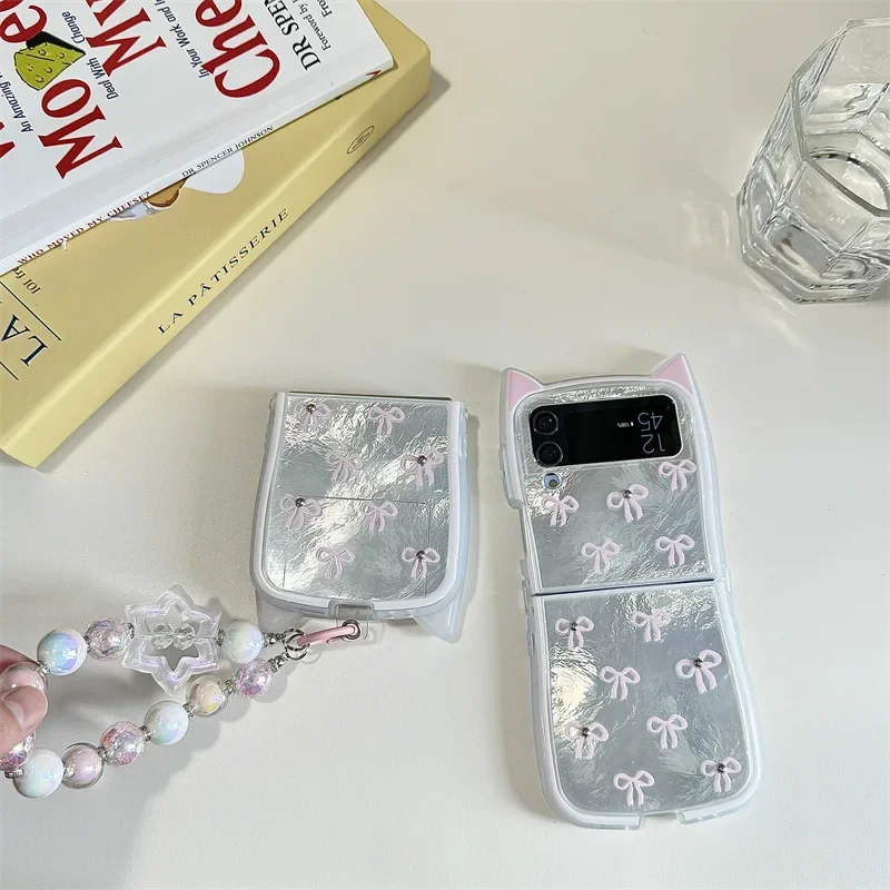 Rosa Bowknot bunte Kette Telefon hülle für Samsung Galaxy Z Flip 6 5 4 3 Schutzhülle für ZFlip4 ZFlip5 ZFlip6 Hülle