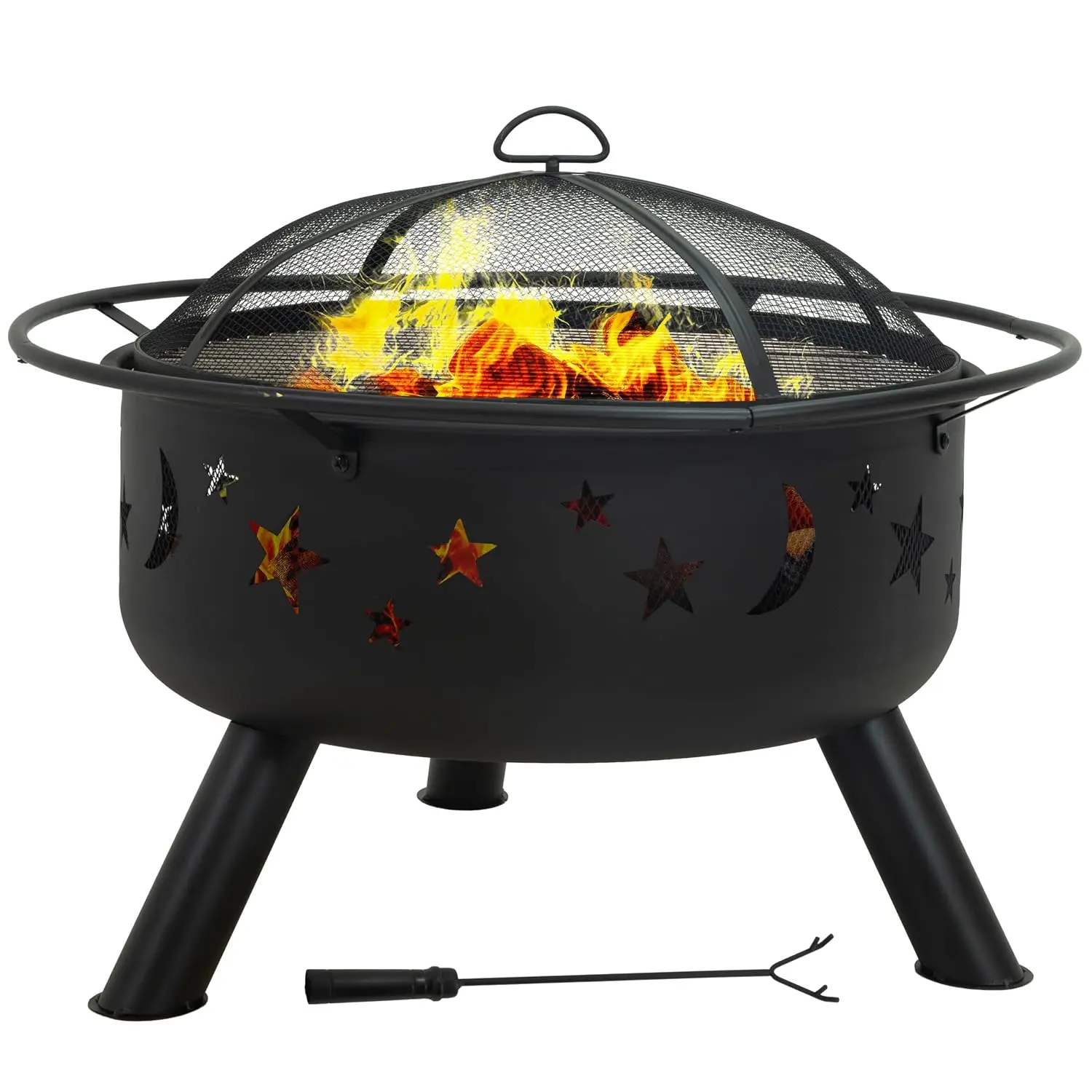 Black, Heavy Duty Steel Metal, Includes Spark Screen & Poker, Round Outside Firepit for Patio, Deck, Backyard BBQ, Bonfire