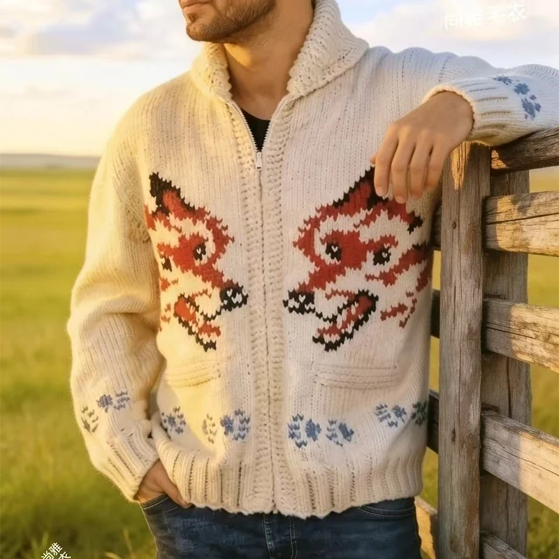 Knitting Zipper Turn-down Thermal Warm Mens Thicken Sweater Coat Fall Winter Fox Crochet Knit Cardigan Vintage Sweatercoats