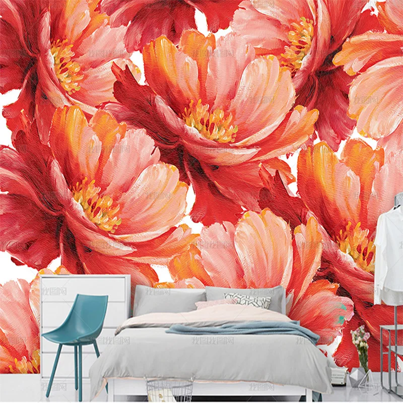 

Пользовательские 3d обои скандинавские простые акварельные красные цветы фреска маленькая свежая картина маслом спальня ТВ гостиная фон стена 8d