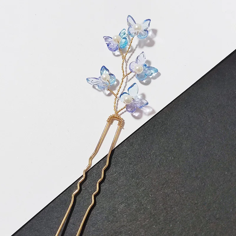 Blue Color Flower Butterfly Hairpin Bride Headdress For Women Pearl U-shaoped Hair Clips Fashion Girls Wedding Hair Accessories