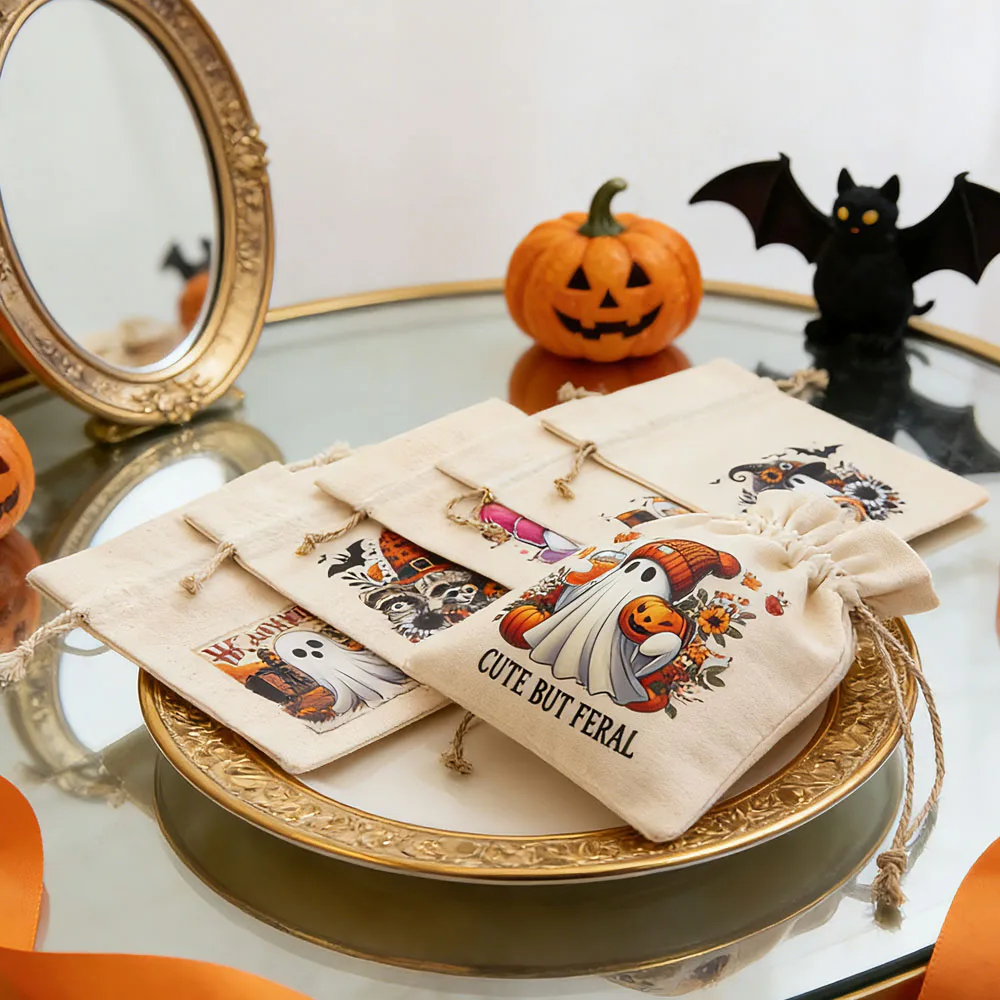 

12Pcs Halloween Drawstring Bag Goodies Packing Pouches Party Decoration Cotton Canvas Bundle Pocket Jewellery Candy Storage Sack