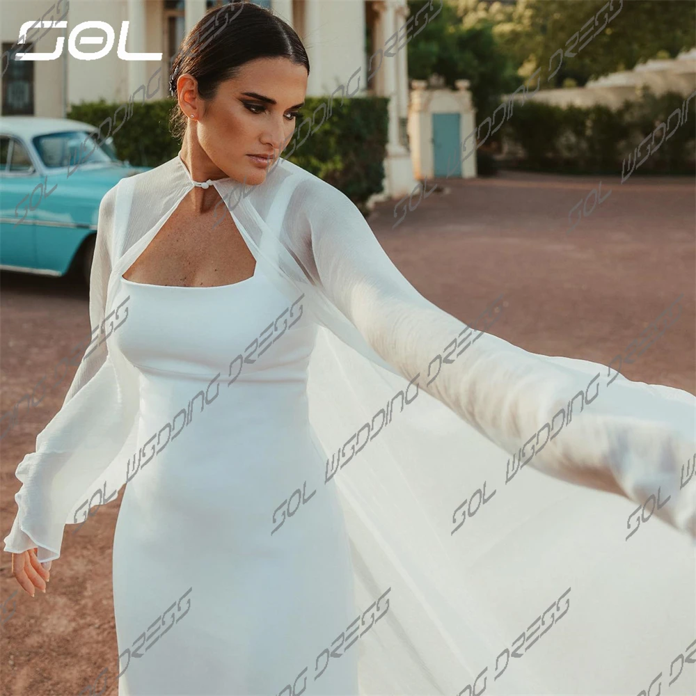 SLE-Backless Mermaid Wedding Dresses, Spaghetti Straps, xale destacável, colarinho quadrado, vestidos de noiva, elegante