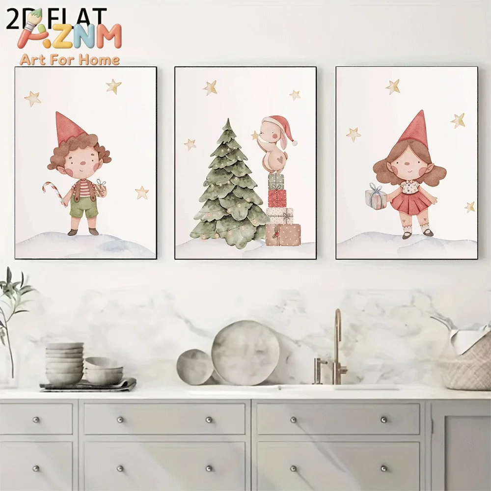 AZNM Watercolor Christmas Elf Boy Girl Rabbit Canvas Wall Art, Xmas Tree Gift Box Star Winter Holiday Soft Pastel Tone Print Pai