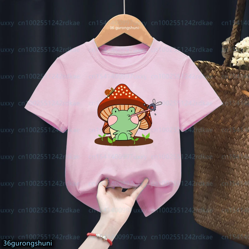 

Kawaii Girls T-Shirt Funny Strawberry Mushroom Milk Frog Animal Print Toddler Tshirts Fashion Aesthetic Girls Pink O-Neck Shirts