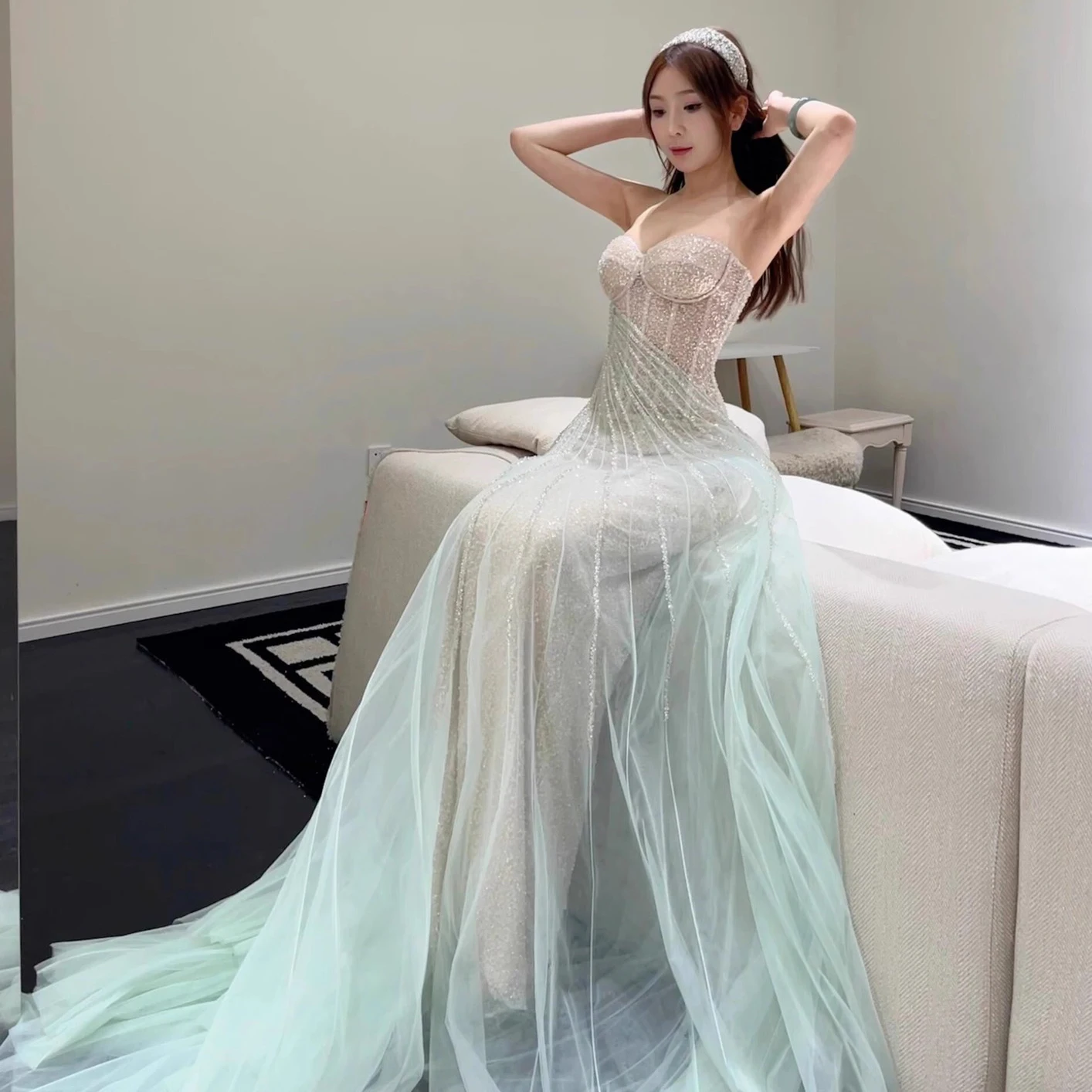 PJN NEW Luxury Strapless Mermaid Evening Party Dresses Women Forest Style Engagement Dress Formal Long Cocktail Banquet Dress