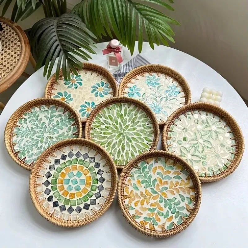 

Deluxe Handmade Rattan Nacre Tray with Mother-of-pearl Inlaid Wooden Base