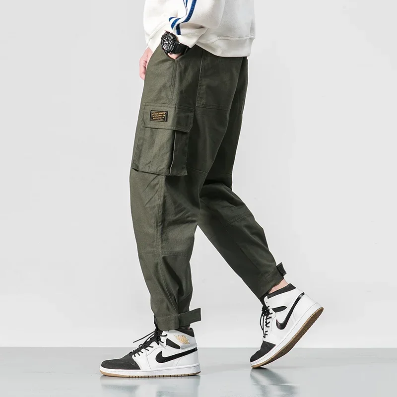 ผ้าฝ้ายผู้ชายหลายกระเป๋า Elastic เอว Harem กางเกง Street Punk Hip Hop สีแดงสบายๆกางเกง Joggers ชาย Army Cargo กางเกง