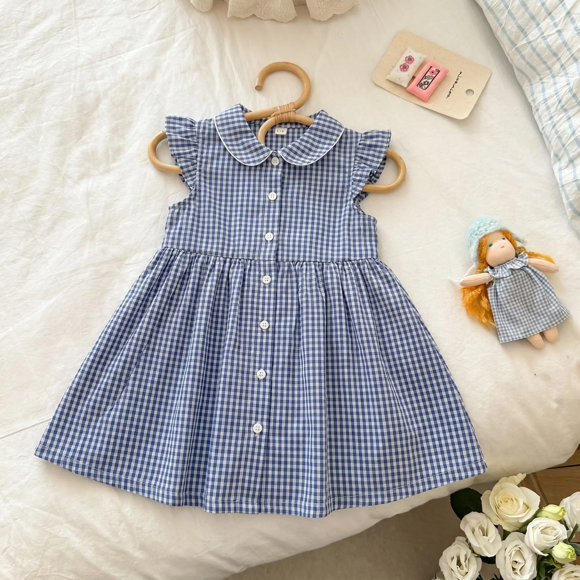 Sweet and Girls' Dress Summer Children's Short Sleeved Plaid Doll Collar Cute Style Breathable Cotton Kids Skirt
