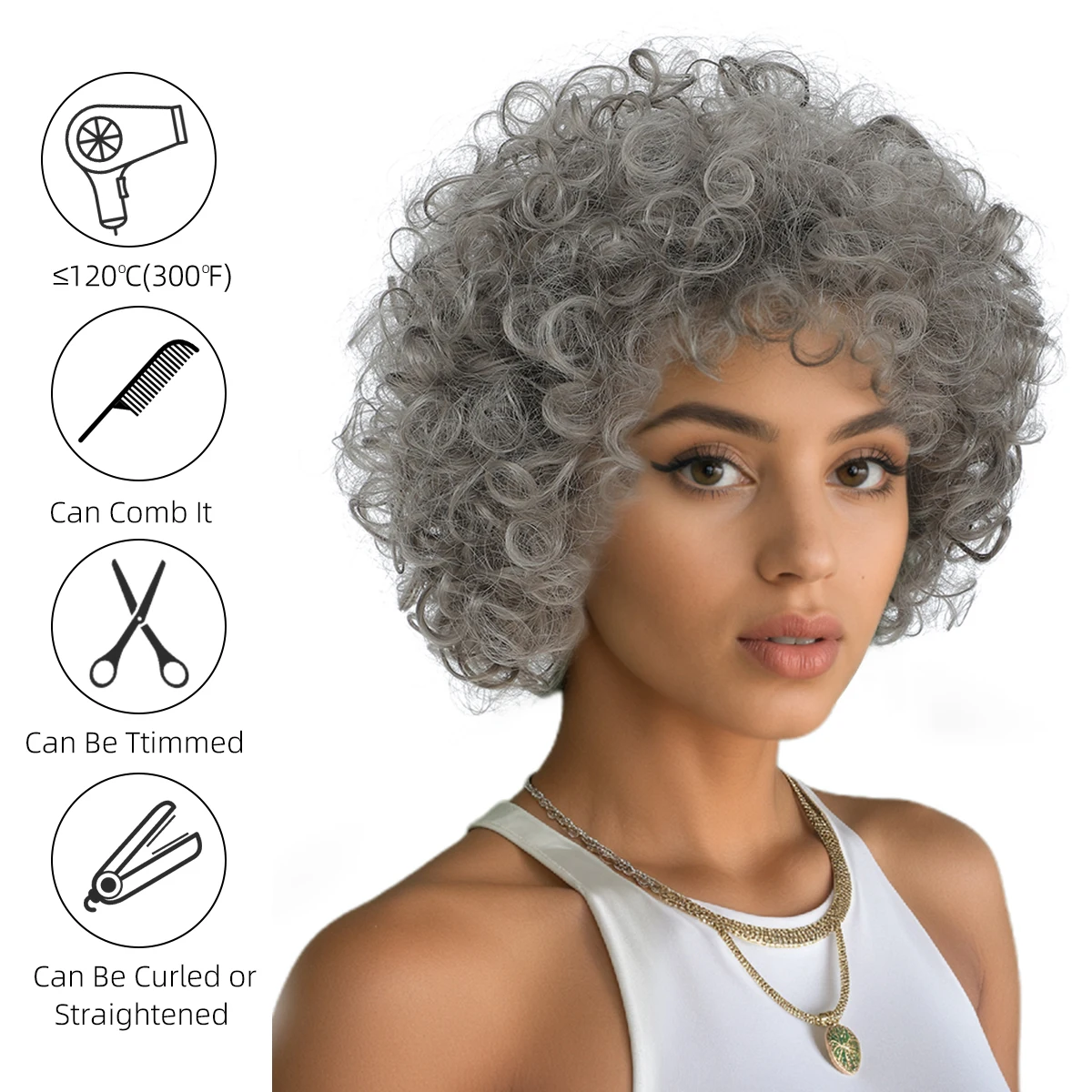 African small curly explosive head gray bangs short curly hair women's synthetic fiber wig