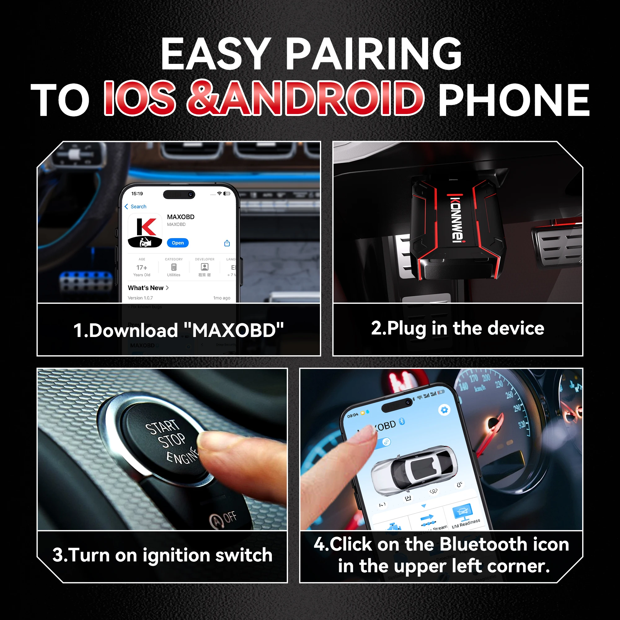 KONNWEI Car Obd نظام كامل أداة تشخيص المسح العميق بلوتوث 5.2 Obd2 تطبيق الهاتف المحمول مسح رمز البيانات قراءة واضح أداة مسح السيارة obd
